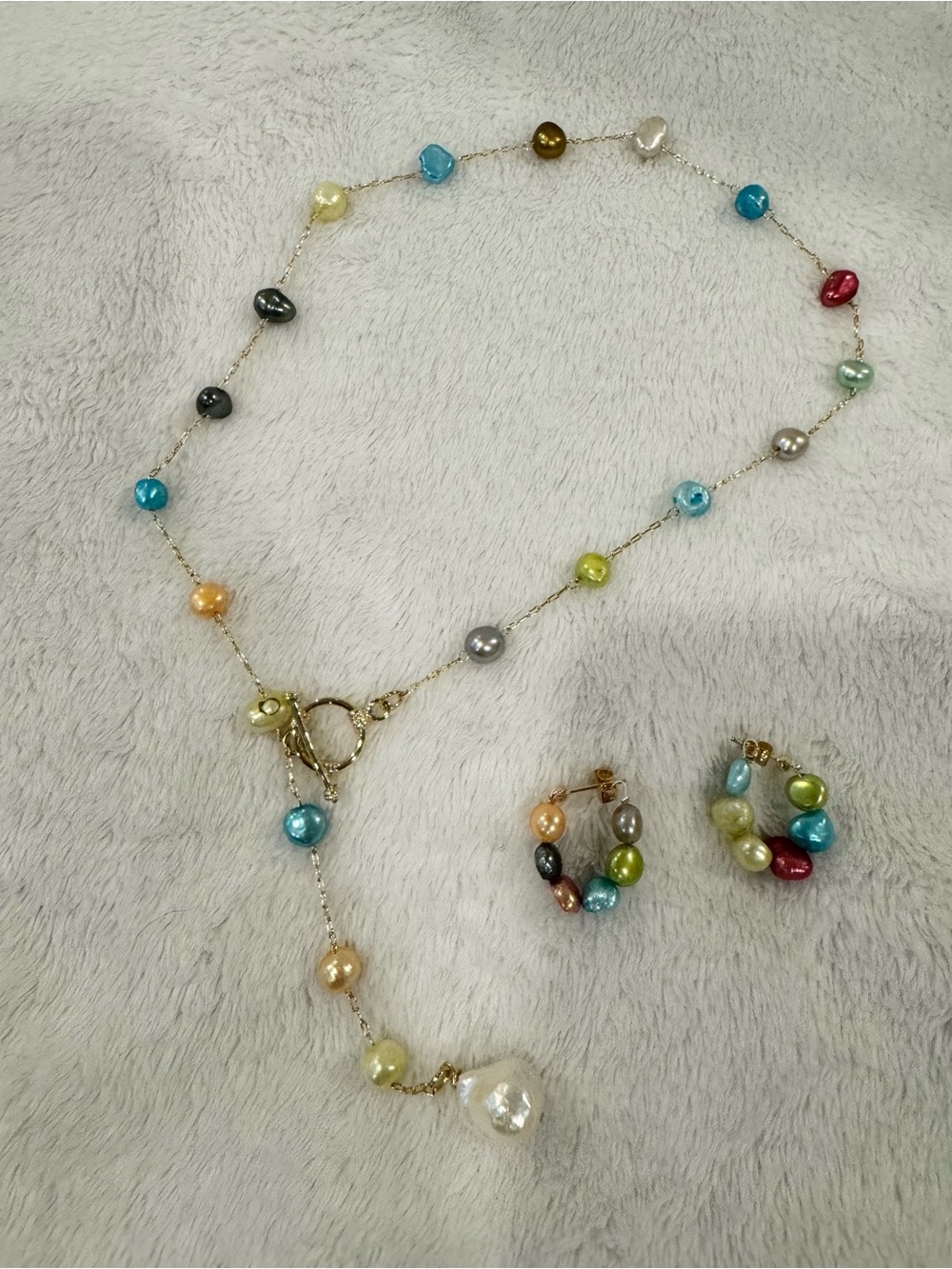 Multicolor Pearl Bead Necklace and Hoop Earrings Set